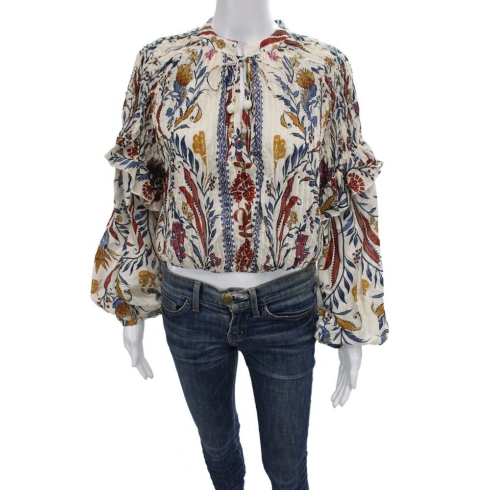 Farm Rio Women Cropped Floral Lace Up Mock Neck Blouse Beige Long Sleeve Size S